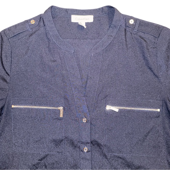 CALVIN KLEIN Modern Essentials Navy Blue Button Down Blouse Women’s Size Medium - Picture 4 of 5